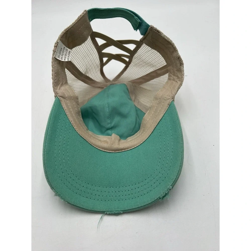 Distressed Ponytail Trucker Hat Criss Cross Messy Bun Mint Green Tan Mesh Cap